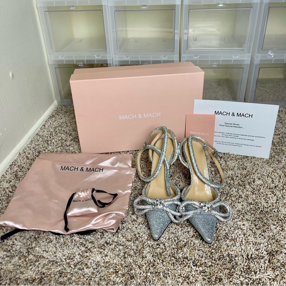 MACH & MACH Silver Bow Glitter Stiletto Heels Pumps Shoe Size US 5